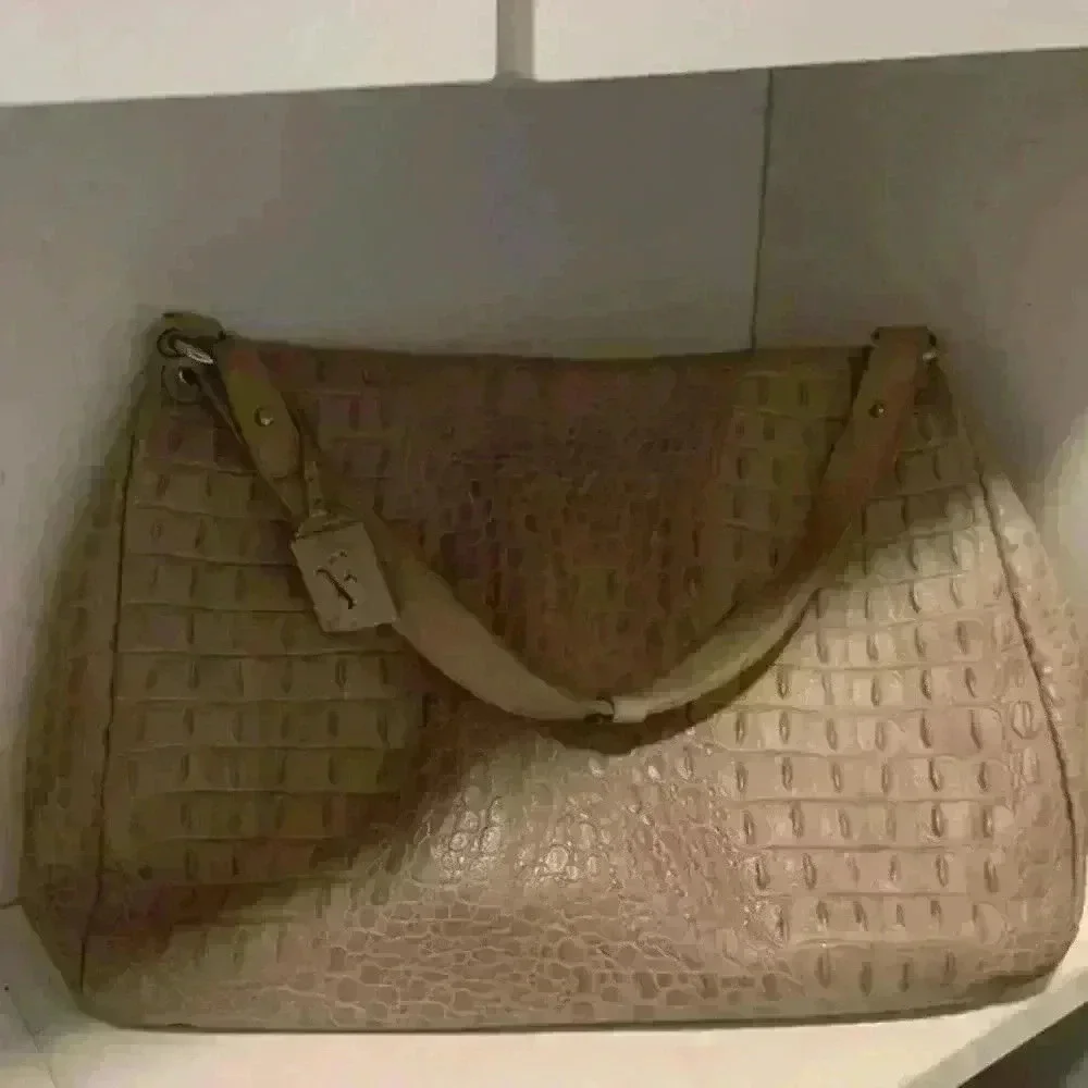 Furla Croc Embossed Handbag Satchel Lg Genuine Italian Leather Womens Taupe